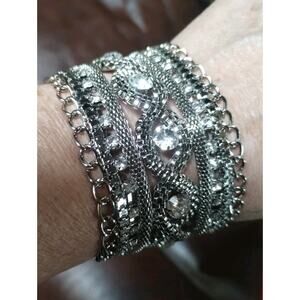 NEW Silver Tone Rhinestone Bridal Wedding Magnetic Cuff Multi Strand 8" Bracelet
